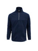 A navy blue men's heavy weight fleece jumper featuring a half zip and side pockets. It has a logo on the front.