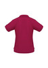A burgundy women's polo shirt with a short sleeve design and a collar, featuring a logo.