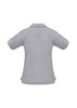 A grey short sleeve polo shirt with a collar and a branded logo on the back.