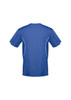 A blue short sleeve tee with contrasting white stitching and a logo on the back.