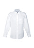 A white long sleeve button-up shirt with a single chest pocket and a branded logo.