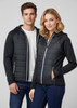A black puffer jacket with a hood, featuring a zip front and side pockets, worn by a man and a woman.