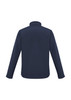 A men's soft shell jacket in navy blue, featuring long sleeves and a high collar. It has a logo on the back.