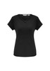 A black short sleeve women's top featuring a stylish V-neck design and a logo on the label.