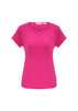 A pink short sleeve top with a V-neck design, featuring a subtle layered detail and a logo tag.