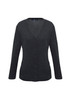 A charcoal grey women's Milano cardigan featuring a v-neck and buttons down the front. It has a logo on the label.
