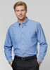 A men's chambray long sleeve shirt in light blue, featuring two chest pockets and a button-up front.