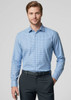 A blue check-patterned long sleeve button-up shirt, featuring a collar and a logo. Styled with black trousers.