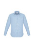 A light blue, striped long sleeve button-up shirt with a collar and a logo.