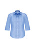 A light blue women's button-up shirt with 3/4 sleeves and a subtle striped pattern. Features a logo.