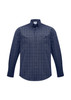A men's long sleeve button-up shirt featuring a navy and white check pattern, with a chest pocket and a collar.