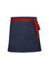 A navy waist apron with a red strap, featuring a large pocket at the front. Includes a logo.