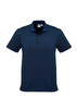 A navy blue men's polo shirt with a textured design and a collar. It features a logo on the front.
