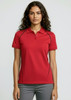 A red short sleeve polo shirt for women, featuring black detailing and a logo.