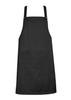A black Urban Bib Apron featuring a front pocket and adjustable straps. It has a logo on the fabric.