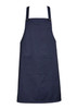 A navy blue bib apron featuring a front pocket and adjustable straps, with branding present.