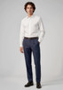Men's classic pleat pants in navy blue, paired with a white shirt and featuring a logo. Suitable for formal wear.