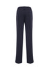 Navy slacks with a straight-leg cut and pockets at the back, featuring a logo on the waistband.