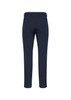 A pair of men's classic slim pants in navy blue, featuring a smooth back design with pockets and a branded label.