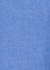 A blue chambray fabric, smooth and textured, ideal for a short sleeve button-up shirt. Features a subtle branding logo.