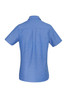 A light blue women's short sleeve button-up shirt with a classic collar and back yoke detail.