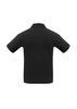 A black short sleeve polo shirt featuring a collar and a logo on the side.