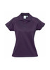 A women's short sleeve polo shirt in a rich purple colour with a collar and buttons, featuring a logo.