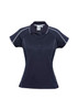 A women's short sleeve polo shirt in navy blue with white detailing and a logo.