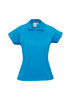 A women's short sleeve polo shirt in a vibrant blue colour with a logo on the chest.