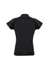 A black women's polo shirt featuring short sleeves and a fitted design, with a contrasting stitch line and a logo.