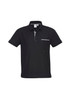A black short sleeve polo shirt featuring a front pocket and branding on the chest.