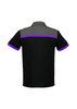 Men's short sleeve polo shirt featuring black fabric with grey and purple accents, including a logo.