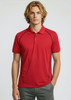 A red short sleeve polo shirt featuring contrasting stitching and a logo. Suitable for casual or sporty wear.