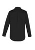 A black women's long sleeve button-up shirt with a back pleat and cuffs. It features a collar and a branded logo.