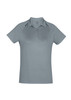 A women's short sleeve polo shirt in a soft grey colour, featuring a collar and a logo.
