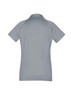 A women's short sleeve polo shirt in a soft grey colour with a collar and a logo.