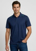 A navy blue men's short sleeve polo shirt with a subtle logo and green accents on the shoulder.