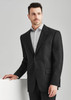 A men's classic jacket in black wool stretch, featuring a two-button closure and a sleek design.