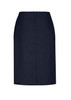 A navy wool stretch skirt with a relaxed fit and lined interior. Features a back zipper and logo branding.