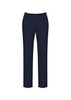A pair of navy women's slim leg pants, featuring a bandless design, ideal for casual or formal wear.
