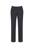 A pair of black slim-leg pants with a bandless design and a front pocket. Features a logo on the waistband.