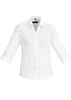 A white women's button-up shirt with 3/4 sleeves and a collar, featuring a logo on the collar.