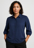 A navy blue women's blouse with 3/4 sleeves, featuring a button-down front and a collar.