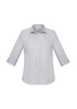 A light grey women's button-up shirt with 3/4 sleeves and a collar. It features a simple, clean design and has a logo.