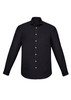 A black long sleeve button-up shirt with a chest pocket and a logo. Classic fit design.