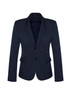 A navy women's mid-length jacket with a two-button closure and a fitted silhouette. Features a branded logo.