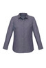 A long sleeve button-up shirt in a dark grey colour with a collar and a logo.