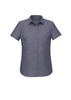 A women's short sleeve button-up shirt in a dark grey colour, featuring a classic collar and a logo.