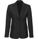 A black longline jacket featuring a tailored design, two front pockets, and a logo.