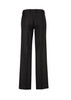 A pair of women's black slacks features a straight leg design and adjustable waistband, with a logo on the back.